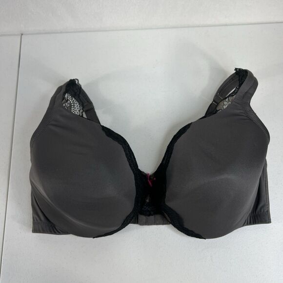 Cacique 42DD Smooth Lightly Lined Full Coverage Bra With Lace Gray Pink Bow - Picture 3 of 16
